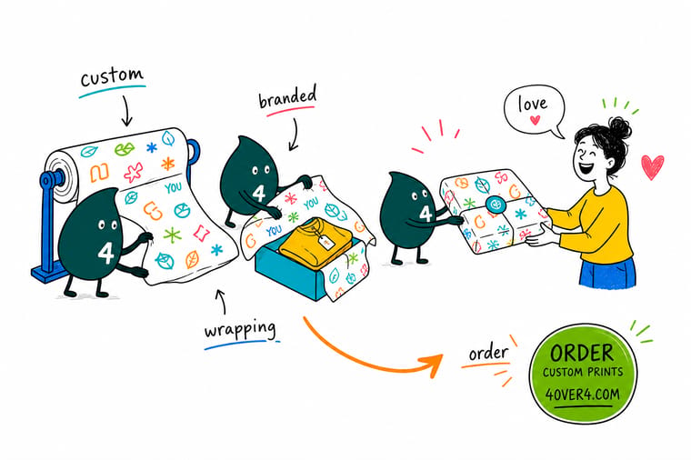 Wally from 4OVER4 wrapping a product in branded tissue paper printed with a repeating logo