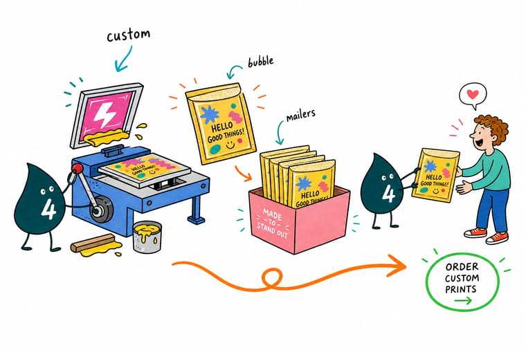 Wally from 4OVER4 sealing a branded bubble mailer with a printed sticker and label