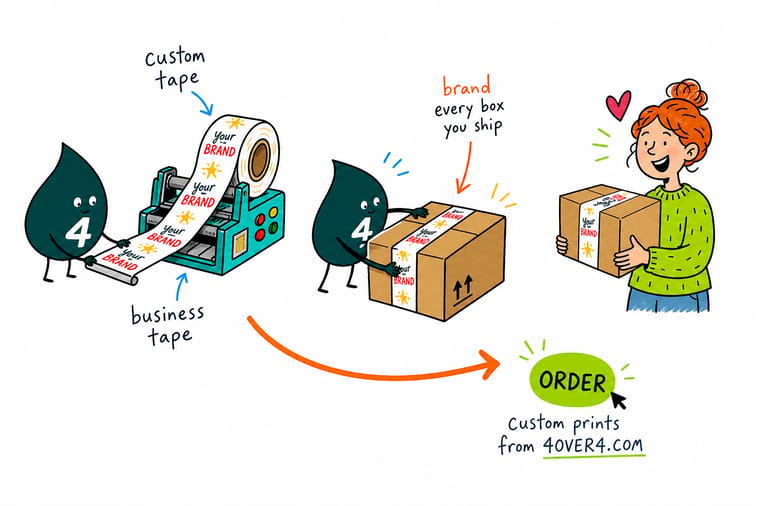 Wally from 4OVER4 sealing a shipping box with custom branded packing tape that markets the brand