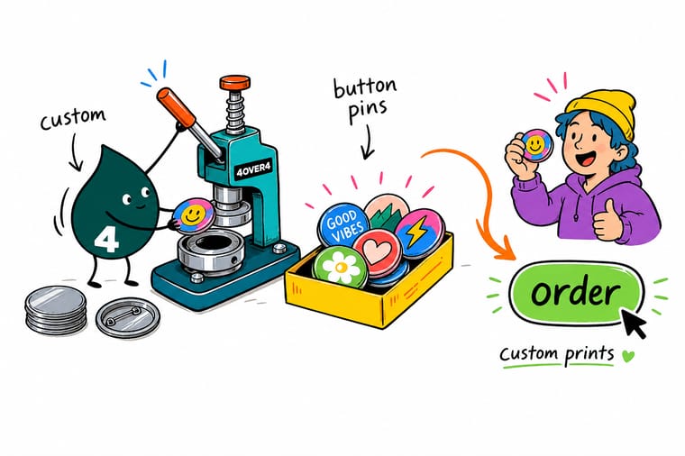 Wally from 4OVER4 setting up a round pinback button design with bleed and safe-zone guides, ready for fast printing