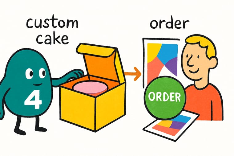 Wally, the 4OVER4 mascot with a 4, holding a ruler against a frosted cupcake to measure the clearance a cake box lid needs