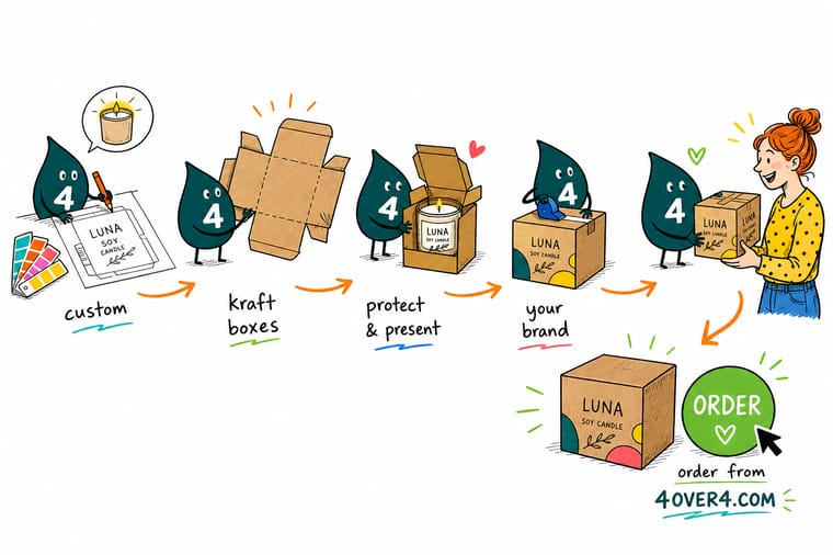 Wally, the 4OVER4 mascot holding a 4, tucking a candle jar snugly into a branded custom box beside a matching label