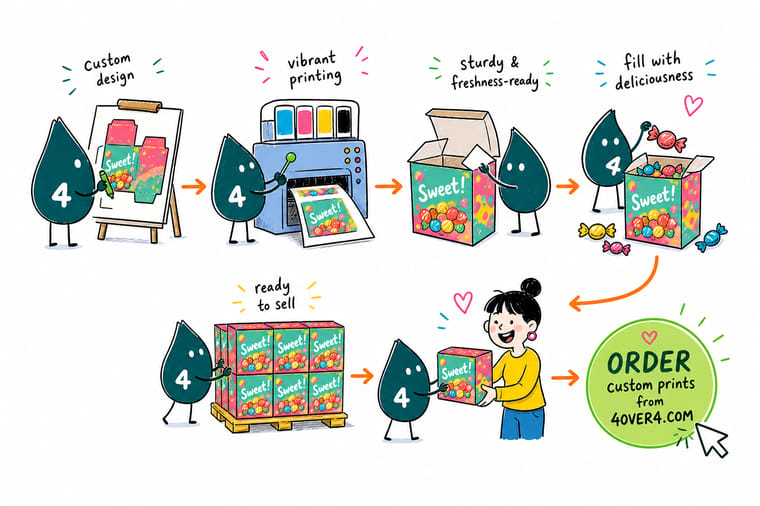 Wally, the 4OVER4 mascot with a 4, slipping a glassine liner into a printed candy box before filling it with wrapped sweets