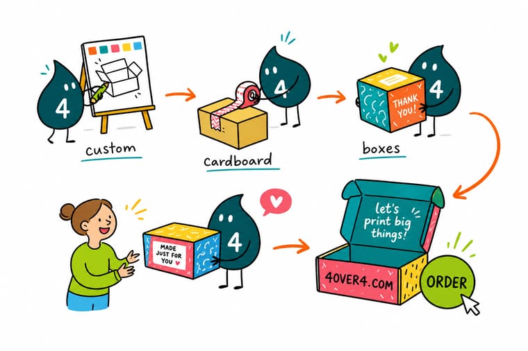 Wally, the 4OVER4 mascot holding a 4, folding a printed mailer box around a product while an arrow points to an order button