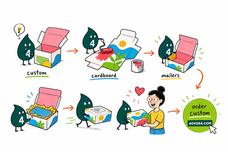 Wally, the 4OVER4 mascot with a 4, folding a flat die-cut corrugated blank into a mailer box and measuring the inside depth