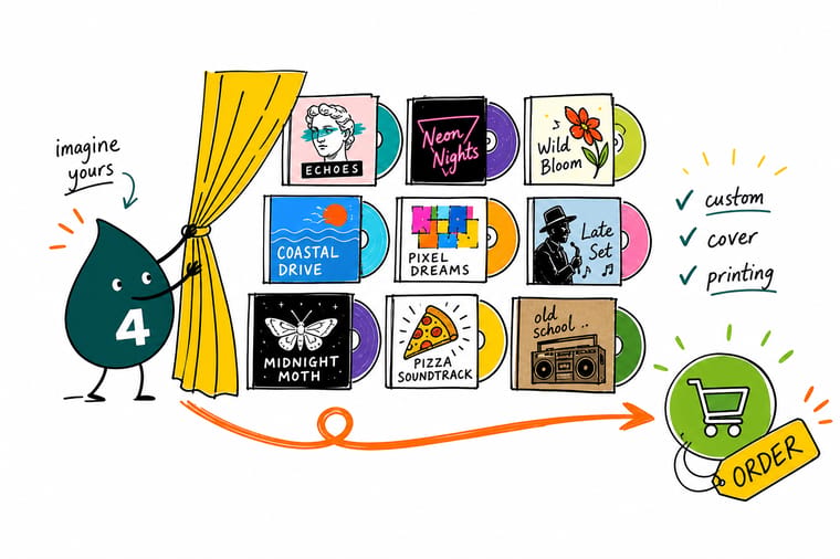 Wally the 4OVER4 mascot packaging a CD in a freshly printed full color cover