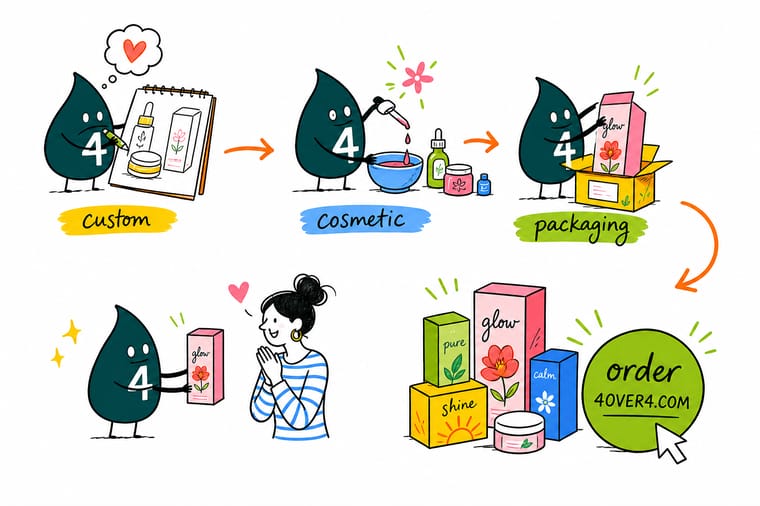 Wally, the 4OVER4 mascot holding a 4, assembling a cosmetic box with a matching jar label, seal and insert into one branded package