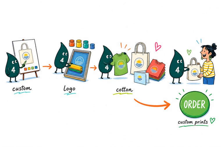 Wally, the 4OVER4 mascot with a 4, holding a printed cotton tote in one hand and a cotton business card in the other while a sublimation print fades away behind him