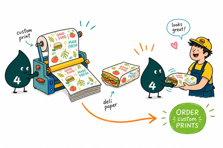Wally from 4OVER4 wrapping a food order in branded paper, with a printed label and sticker seal on the box