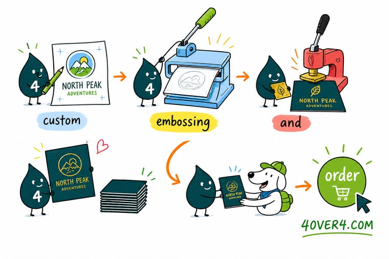Wally, the 4OVER4 mascot holding a 4, pressing a metal die into a thick business card so the logo rises off the surface