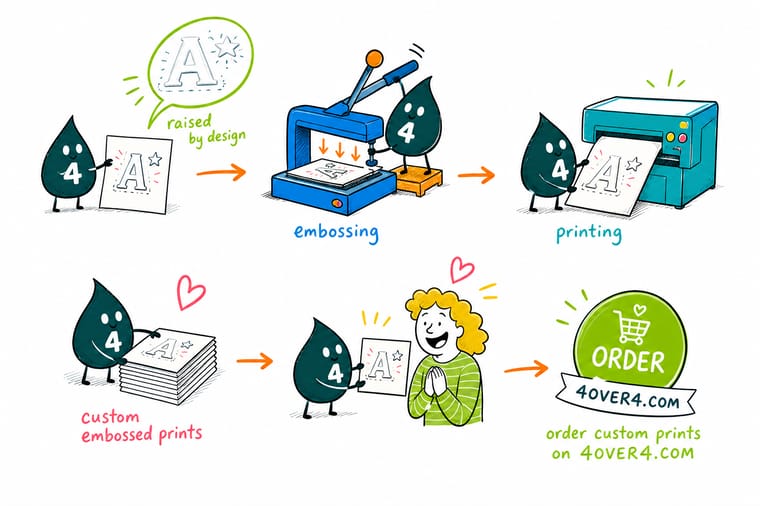Wally, the 4OVER4 mascot with a 4, closing a pair of embossing dies on a card so the logo rises on the front and leaves a matching hollow on the back