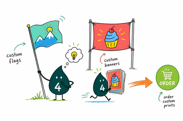 Wally from 4OVER4 standing between a tall feather flag and a wide vinyl banner, pointing out which job each one wins