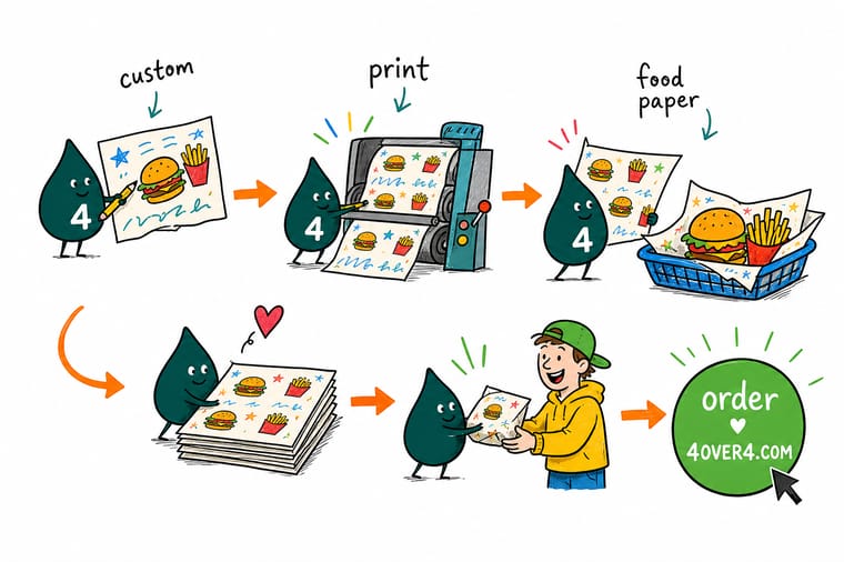 Wally, the 4OVER4 mascot with a 4, dropping a printed paper liner into a fries basket while oil spreads across a plain sheet beside it