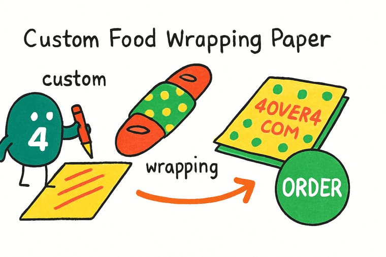 Wally, the 4OVER4 mascot holding a 4, wrapping a sandwich in branded greaseproof paper while an orange arrow points to a green order button
