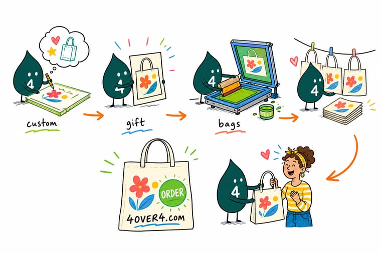 Custom Gift Bags That Brand Every Event And Retail Handoff explained by Wally, the 4OVER4 mascot holding a 4