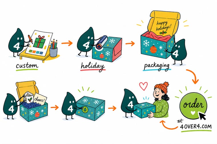 Wally, the 4OVER4 mascot holding a 4, layering a holiday box with tissue paper, a sleeve, and branded tape