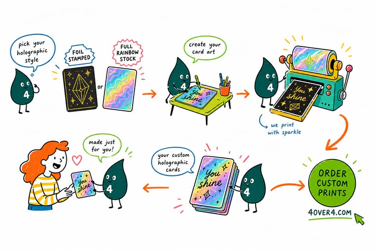 Wally, the 4OVER4 mascot with a 4, holding a stamped foil card in one hand and a fully holographic plastic card in the other to show the two methods
