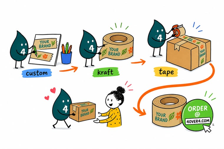 Wally the 4OVER4 mascot holding a 4, sealing a kraft box with a roll of branded paper tape while a plastic tape roll sits rejected