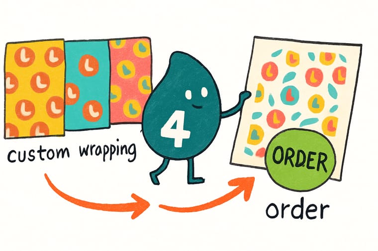 Wally, the 4OVER4 mascot with a 4, wrapping a box in paper printed with a repeating logo while measuring the sheet around the girth