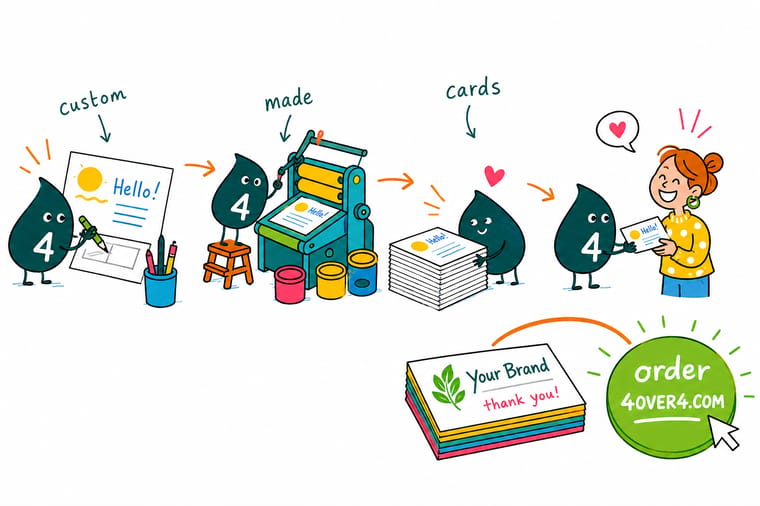 Wally, the 4OVER4 mascot holding a 4, fanning out custom business, greeting and loyalty cards to show the range