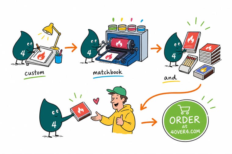 Wally, the 4OVER4 mascot holding a 4, explaining custom matchbook and matchbox printing explained