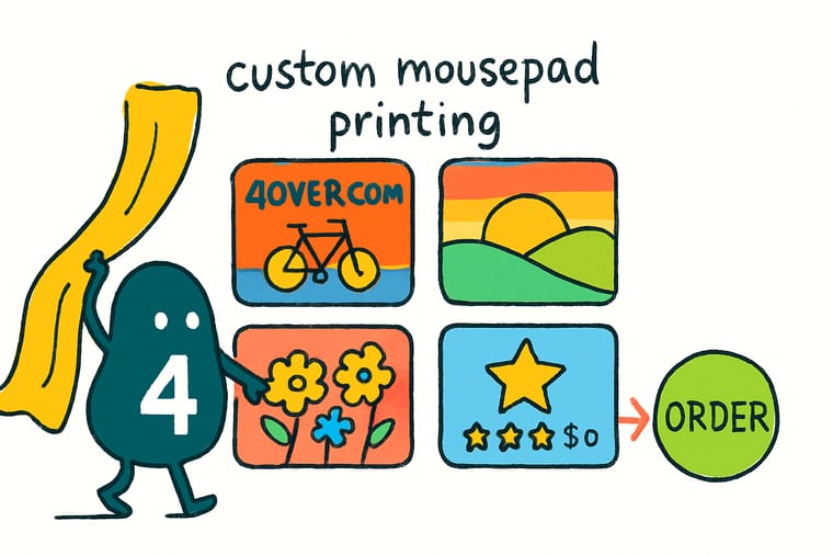 Wally the 4OVER4 mascot placing a freshly printed full-color custom mousepad onto a desk