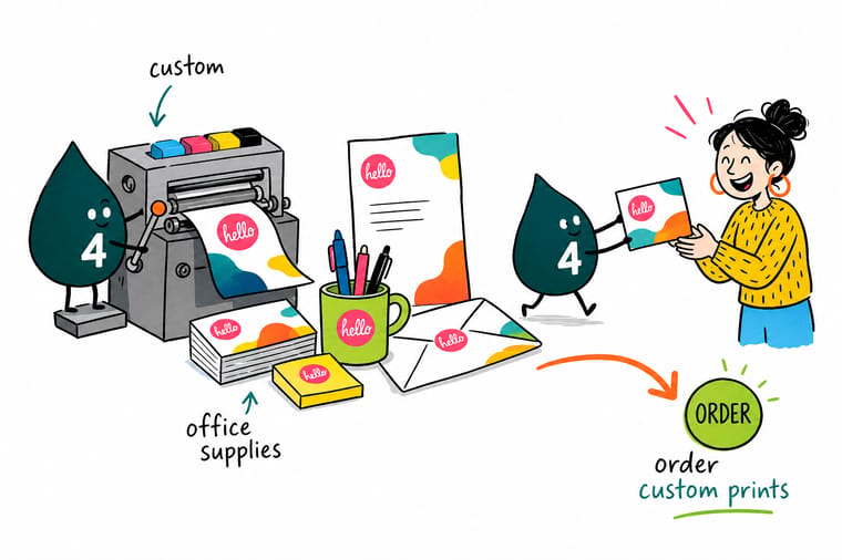 Wally from 4OVER4 laying out branded business cards, labels, folders, and kraft boxes as one office supply kit