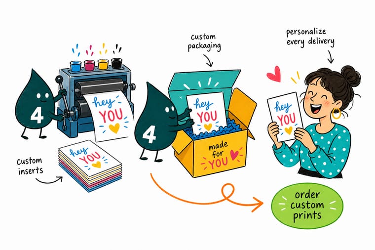 Wally from 4OVER4 packing a shipping box and placing a printed insert card on top of the product