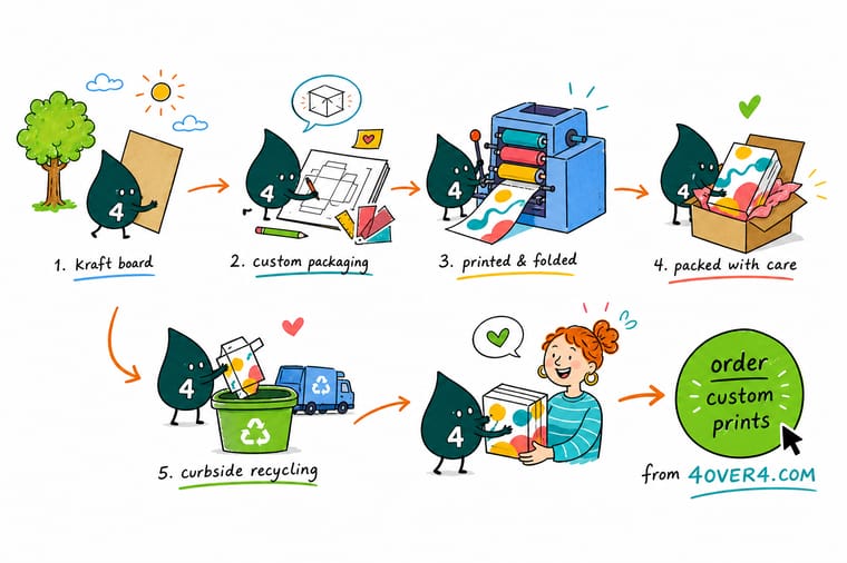 Wally, the 4OVER4 mascot with a 4, holding a kraft box next to a stack of paper packaging from tissue up to corrugated, sorting one pack into the paper recycling bin