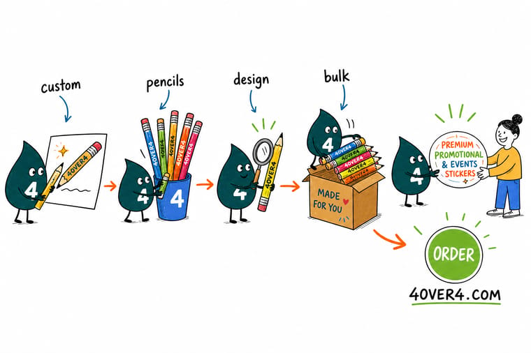 Wally, the 4OVER4 mascot holding a 4, imprinting a logo onto a pencil barrel beside matching stickers and a tote bag