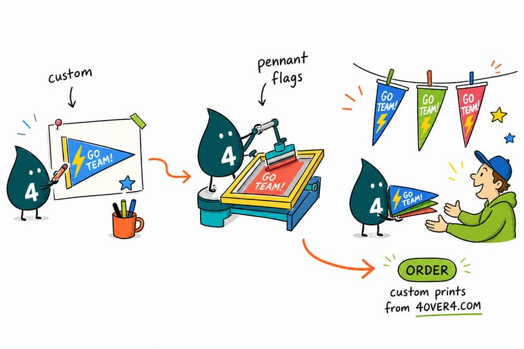 Wally from 4OVER4 hanging a string of custom triangular pennant flags across a storefront