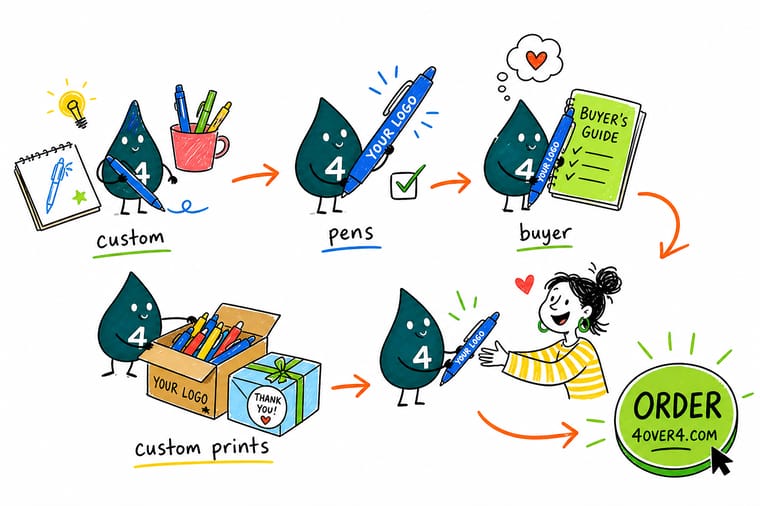 Wally, the 4OVER4 mascot holding a 4, explaining a buyer's guide to custom branded promo pens