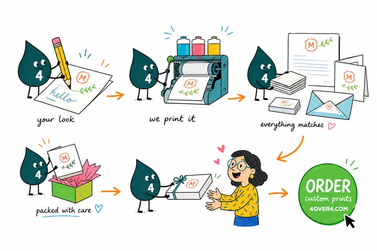 Wally, the 4OVER4 mascot with a 4, sliding a personalized notecard into an envelope that is slightly larger, beside a matching letterhead sheet