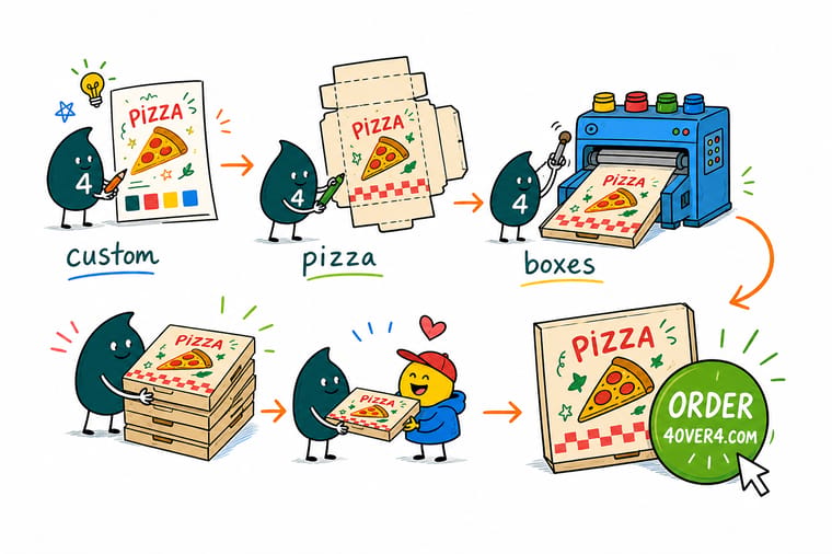 Custom Pizza Boxes That Brand Every Delivery And Slice explained by Wally, the 4OVER4 mascot holding a 4