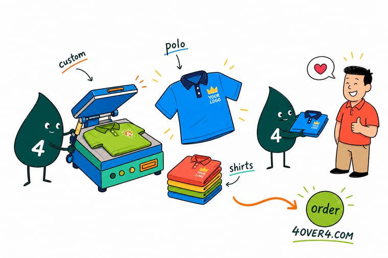 Wally from 4OVER4 fitting a team in branded polo shirts, showing fit, fabric, and logo decoration on the chest