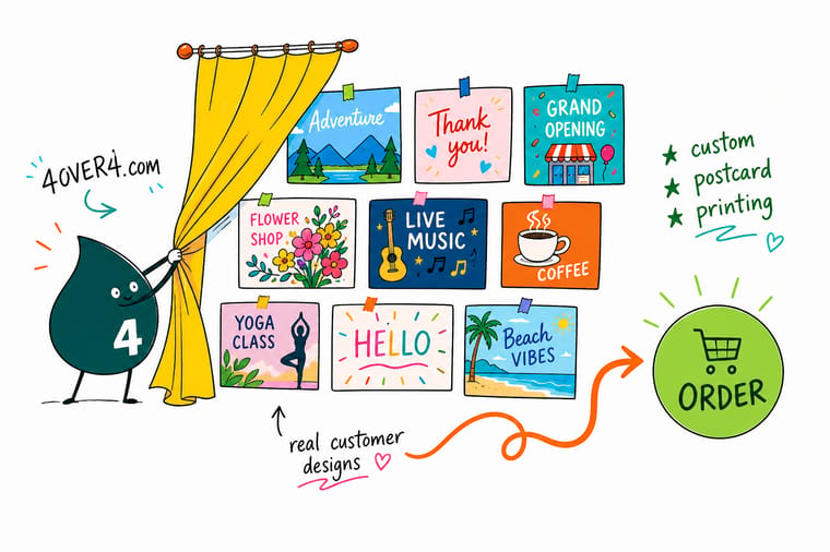 Wally the 4OVER4 mascot mailing a bright custom postcard that lands directly in a customer hand