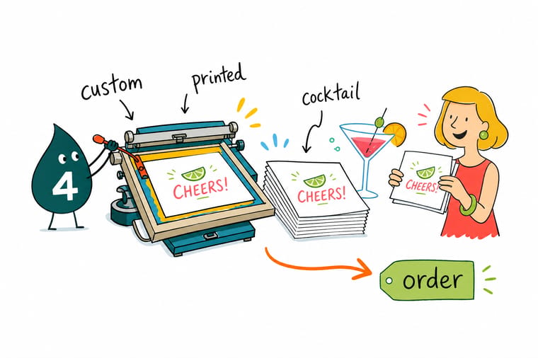 Wally from 4OVER4 pairing a custom cocktail napkin with matching branded coasters, labels, and stickers for one coordinated event look