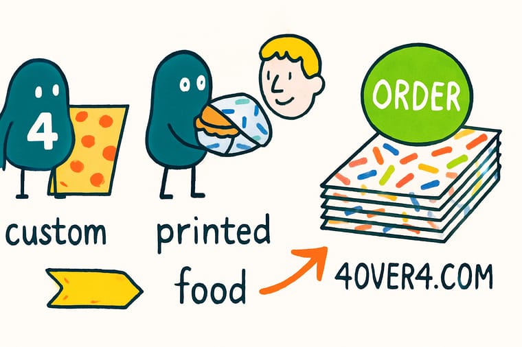 Wally, the 4OVER4 mascot holding a 4, wrapping a sandwich in tissue printed with a repeating logo pattern
