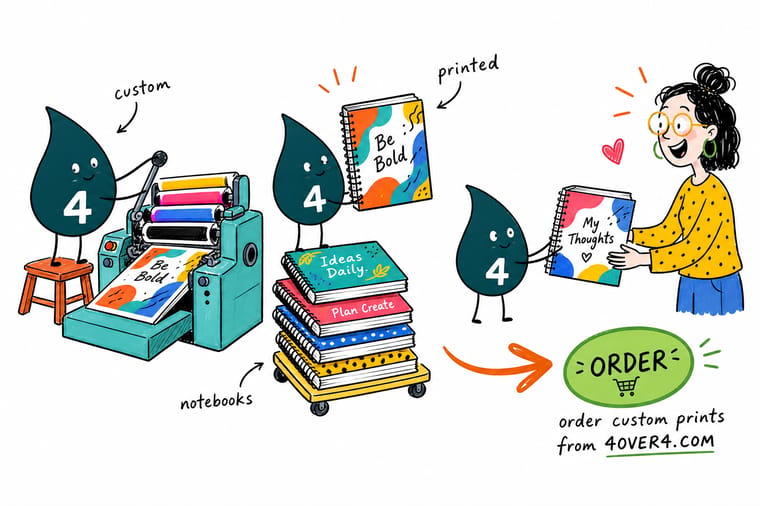 Wally from 4OVER4 personalizing a stack of notebooks and journals with a brand logo on the cover