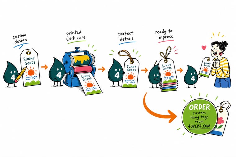 Wally, the 4OVER4 mascot holding a 4, threading string through a premium foil product tag