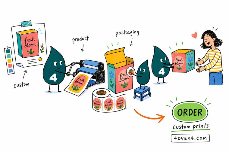 Wally from 4OVER4 assembling a branded packaging set of a mailer box, product label, tissue, and printed tape that all match