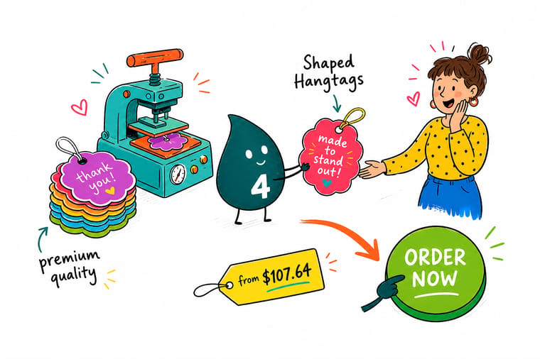 Wally the 4OVER4 mascot tying a die-cut shaped hangtag priced at $107.64 for 50 onto a folded garment, teal hand-drawn line art.