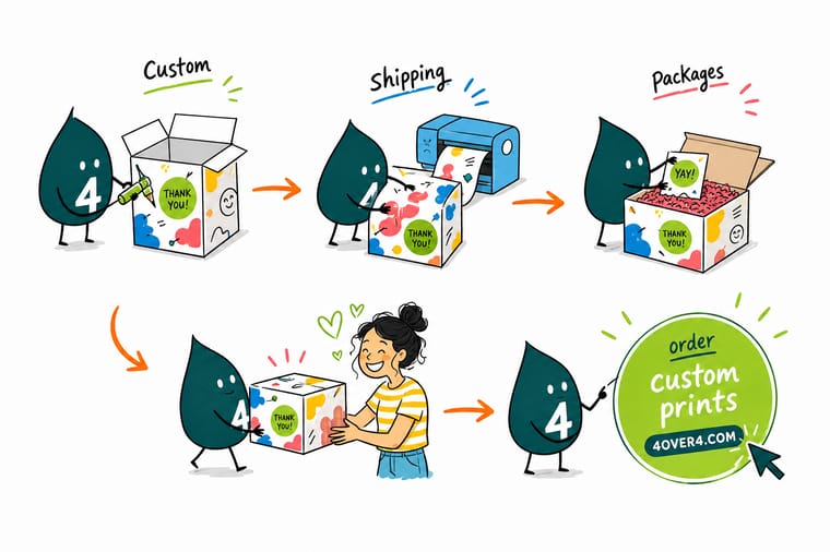 Wally, the 4OVER4 mascot with a 4, packing a branded mailer box with tissue paper, sealing it with printed tape, and sending it down a parcel conveyor