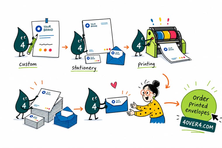 Wally, the 4OVER4 mascot with a 4, lining up matching letterhead, an envelope, and a notecard into one branded set