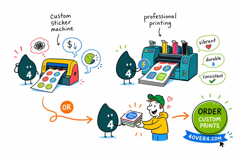 Wally, the 4OVER4 mascot with a 4, weighing a desktop sticker machine on one side of a scale against a finished stack of die-cut stickers on the other