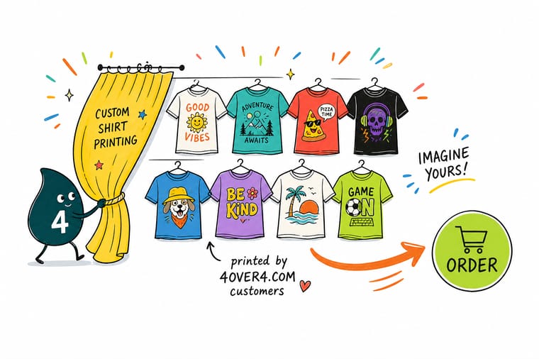 Wally the 4OVER4 mascot holding up a freshly printed custom t-shirt with a bold logo