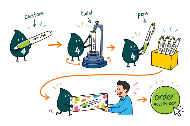 Wally, the 4OVER4 mascot with a 4, twisting a branded pen barrel open and measuring the small printable window between the tip and the twist joint