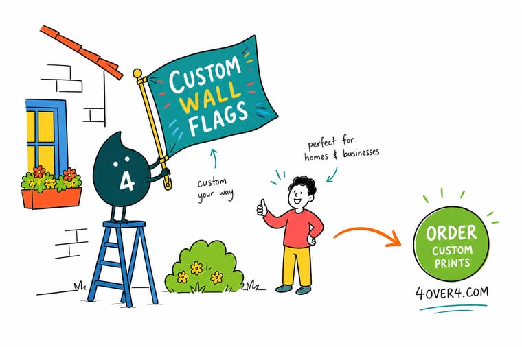 Wally from 4OVER4 comparing a flat wall flag with a personalized house flag hanging from a porch bracket