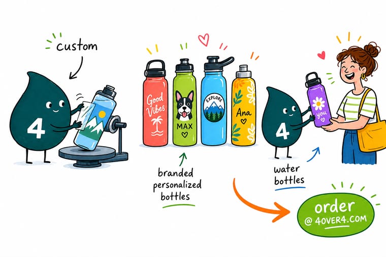 Wally from 4OVER4 applying a crisp custom label to a water bottle beside a matching branded mug, the winner for everyday brand impressions