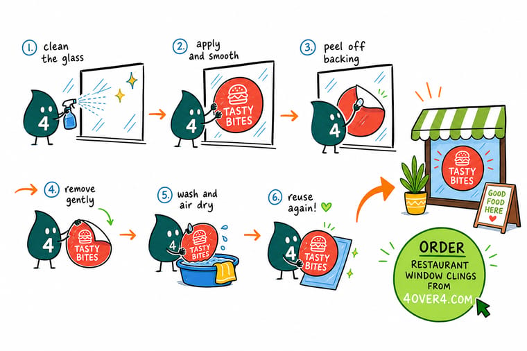 Wally, the 4OVER4 mascot with a 4, pressing a window cling onto glass and peeling it off again to show it reuses